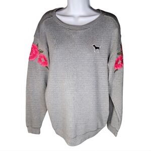 Victoria's Secret PINK Embroidered Flower Sleeve Pullover Sweatshirt Grey Medium